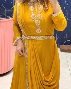 Rutba Khan Indo Western Sari Style Gown Draped Dupatta closeup - Pirate Gold
