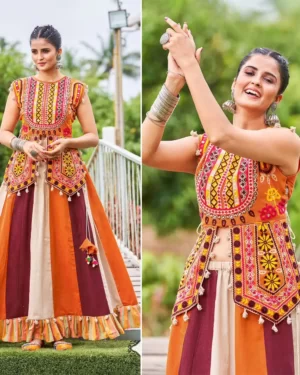 Vasagnini Women's Lehenga Choli for Navratra Skirt Top for Garba back set - Choco Beige