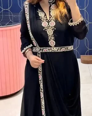 Rutba Khan Designer Sari Gown Ready to Drape Dupatta closeup2- Black