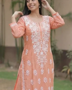 Chikankari Rayon Cotton Top Yoke Chikan Pant closeup - Dusky Pink
