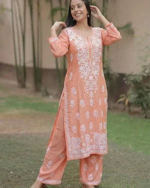 Chikankari Rayon Cotton Top Yoke Chikan Pant set - Dusky Pink