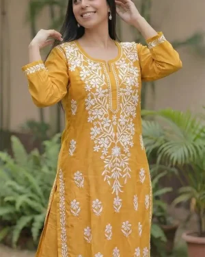 Chikankari Rayon Cotton Top with Yoke Pant for girls closeup - Mustard