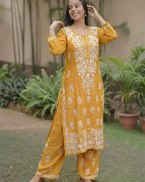 Chikankari Rayon Cotton Top with Yoke Pant set for women- Mustard