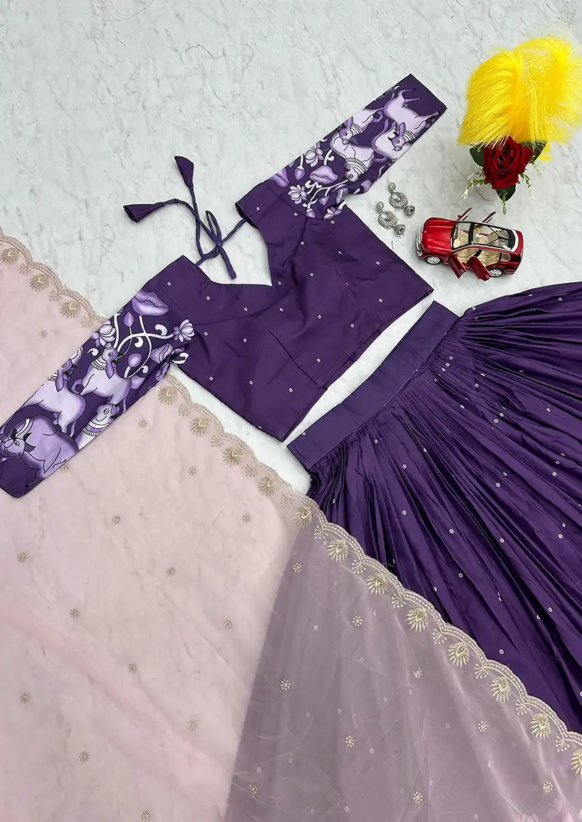 Kalamkari Cotton Lehenga with Choli Georgette Dupatta - Purple