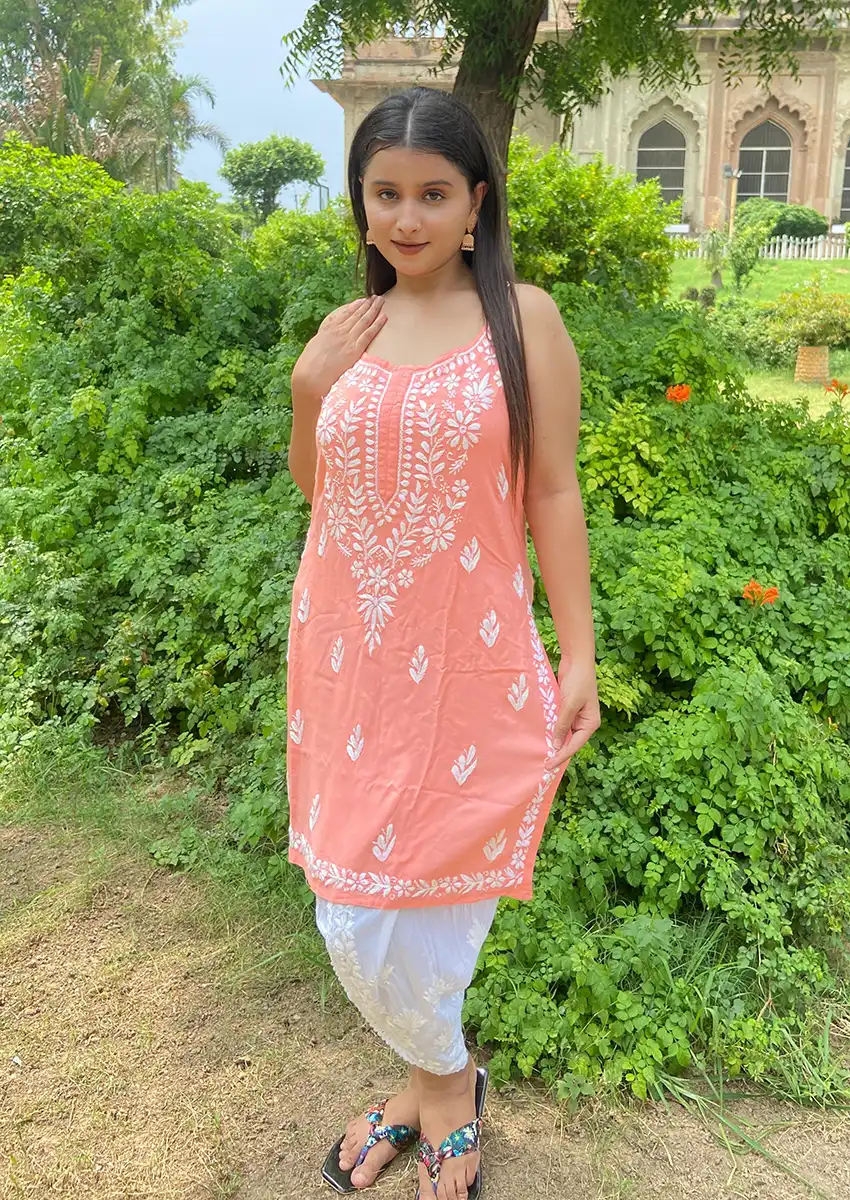 Lucknowi Chikankari Modal Kurti and Dhoti Pant Ensemble - Light Coral Lucknowi Chikankari Modal Kurti and Dhoti Pant Ensemble - Light Coral