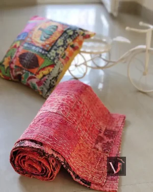 Kantha Quilt Patchwork Throw Boho Twin Bedspread Indian Bedcover Table Cover Mustard Camel