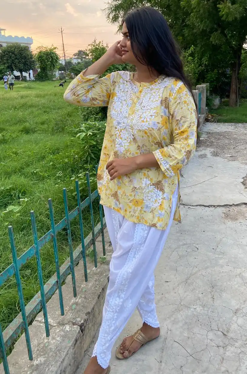 Lucknowi Chikankari Mulmul Cotton Short Kurti with Designer Tulip Pant - Yellow Lucknowi Chikankari Mulmul Cotton Short Kurti with Designer Tulip Pant - Yellow