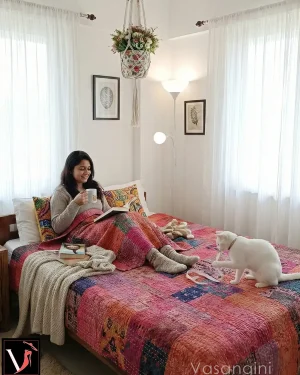 Patchwork Twin Bedspread Kantha Quilt Indian Bedcover Table Cover Mustard Camel