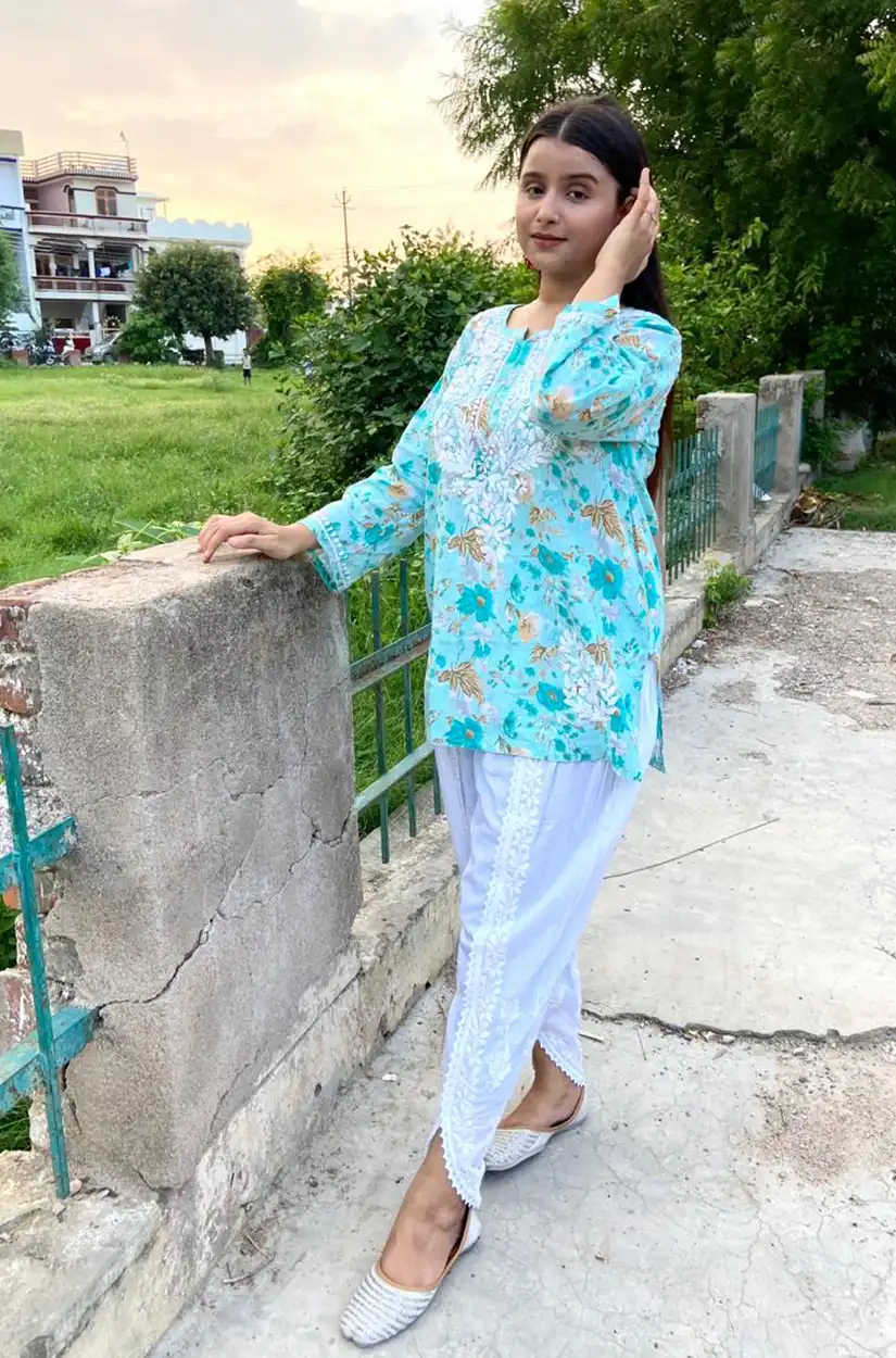 Stylish Chikankari Mulmul Cotton Top with Designer Tulip Pant set - Blue Stylish Chikankari Mulmul Cotton Top with Designer Tulip Pant set - Blue