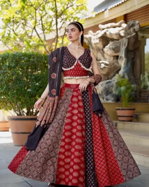 Ajrakh Cotton Lehenga Choli Set for Navratri Kodi Work Chaniya Choli for Women & Girls