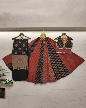 Designer Cotton Ghagra Choli with Ajrakh Print Kodi Shell Work for Festive Occasions