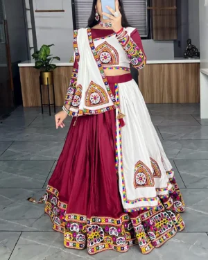Designer Navratri Chaniya Choli for Girls Gamthi Touch Lehenga Mirror Accents Wine Red