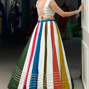 Designer Rayon Choli Skirt Set with Shell & Lace Detailing Perfect for Garba Nights Multi White