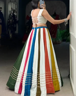 Designer Rayon Choli Skirt Set with Shell & Lace Detailing Perfect for Garba Nights Multi White