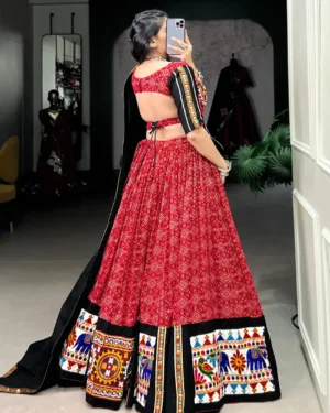 Festive Cotton Lehenga Set for Women Navratri Garba Choli with Mirror Detailing Wine Red