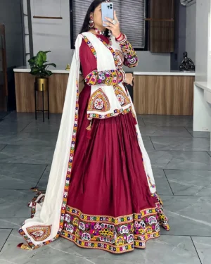 Festive Wear Gamthi Work Lehenga Choli for Women Cotton Rayon Mirror Work Wine Red