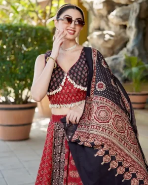 Navratri Garba Ajrakh Choli Skirt Set Pure Cotton Lehenga with Kaudi Work