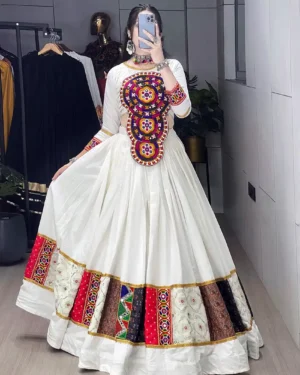 Festive Garba Lehenga Choli for Girls Multicolor Panel Chaniya with Kutchi Gamthi Work