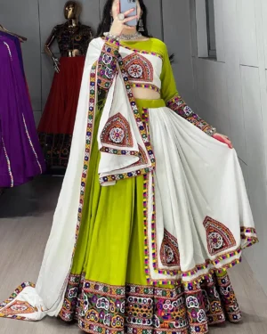 Festive wear Garba Chaniya Choli for Girls Mirror Work Lehenga with Gamthi - Green