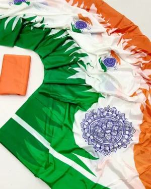 Independence Day Chinon Silk Saree with Tricolor Digital Print – Elegant Patriotic Wear