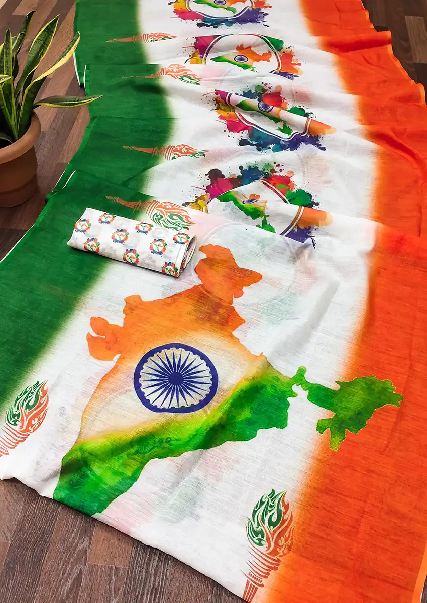 Independence Day Special Saree – I Love My India Tricolor Printed Sari Chakra Flag Independence Day Special Saree – I Love My India Tricolor Printed Sari Chakra Flag