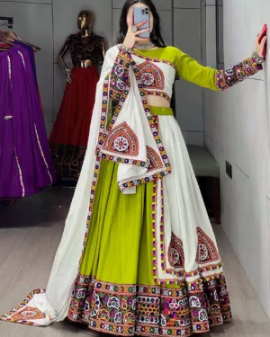 Wedding Garba Chaniya Choli for Girls Gamthi Work Lehenga - Green