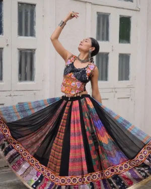 Black Chaniya Choli Multi Kali with Kutchi Gamthi Work Festive Garba Special