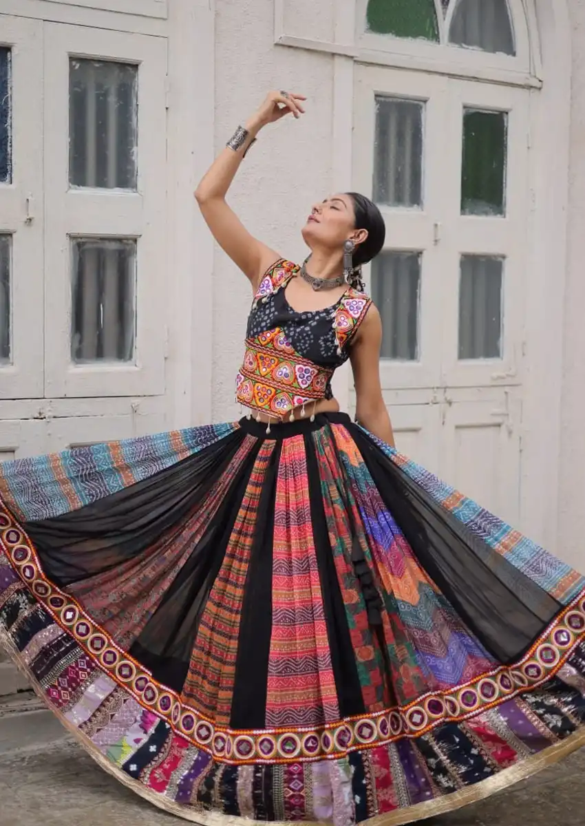 Black Chaniya Choli Multi Kali with Kutchi Gamthi Work Festive Garba Special Black Chaniya Choli Multi Kali with Kutchi Gamthi Work Festive Garba Special