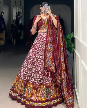 Ethnic Tussar Silk Gamthi Work Lehenga Choli – Garba & Wedding Wear for Girls & Women Carmine