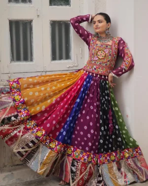 Flared Multi Georgette Lehenga Choli with Gamthi Mirror Work for Girls