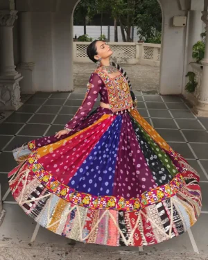 Flared Multicolor Georgette Lehenga Choli with Kutchi Gamthi Work for Women
