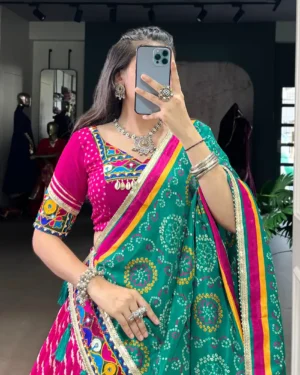 Leheriya Garba Lehenga Choli with Gamthi Mirror Work closeup
