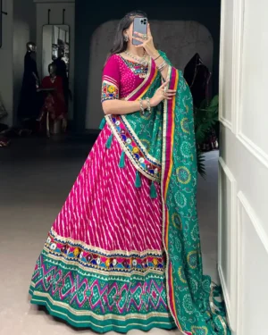 Leheriya Tussar Silk Navratri Lehenga Choli with Gamthi Mirror Work