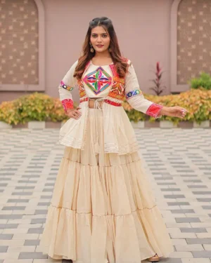 Party Wear Flared Jacket Lehenga for Women with Traditional Gamthi Embroidery