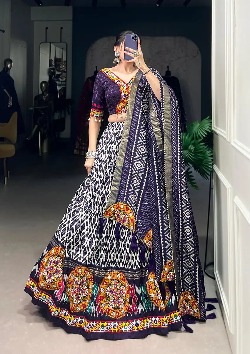 Tussar Silk Gamthi Foil Work Lehenga Choli Set Lavender – Perfect for Garba, Weddings & Celebrations Tussar Silk Gamthi Foil Work Lehenga Choli Set Lavender – Perfect for Garba, Weddings & Celebrations