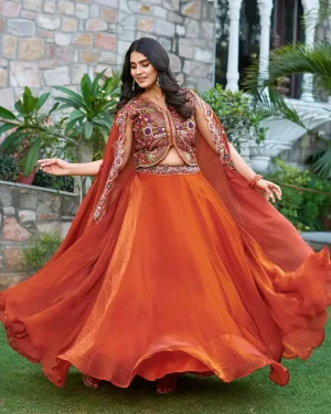 Radiant Fendi Silk Lehenga Set with Embroidered Koti & Shrug Dupatta – Luxe Partywear for Women