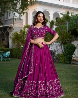 Wine Embroidered Silk Lehenga Set for Women - Graceful Festive & Wedding Ensemble