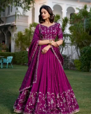 Wine Embroidered Vichitra Silk Lehenga Choli - Glamorous Bridal & Celebration Wear