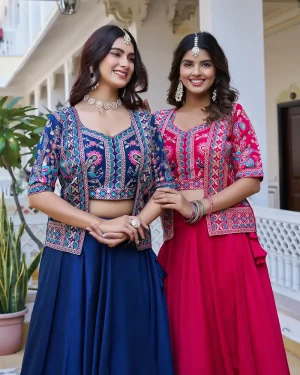 Vichitra-Lehenga-Choli-Embroidered-Work-Koti-Festive-Wedding-Outfit