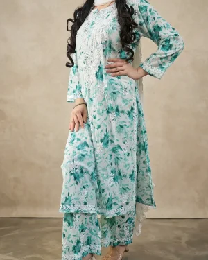 Lucknowi Chikankari Kurti Palazzo Set in Mulmul Cotton - Festive Indian Outfit - Vasangini