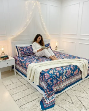 Luxury Jumbo King Cotton Bedspread 110 x 110 - Traditional Floral Flat Sheet Set with 2 Pillow Covers