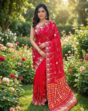 Partywear Silk Saree with Pitta Work Scallop Border Women's Sari Wedding & Festive Special Crimson Red - Vasangini