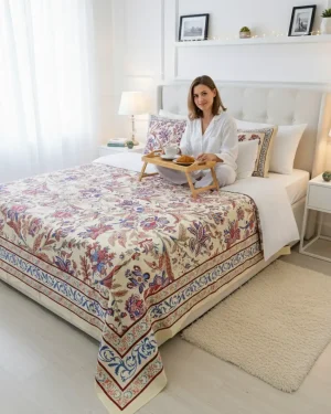 Premium Kalamkari Style Printed Cotton Bedsheet Super King bedspread 110x110 Inches