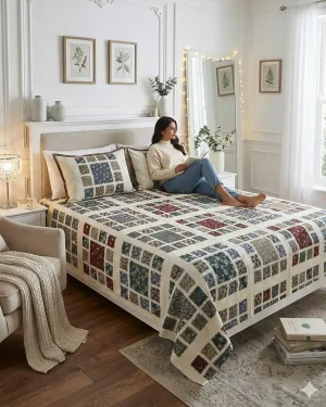 Pure Cotton Super King Size Bedsheet - Geometric Jaipuri Bedspread with 2 Pillow Covers