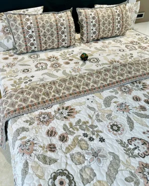 Super King Size 6 PC bedding set - Pure Cotton Quilted Reversible Bedcover and Bedsheet with 4 Covers Dusty Grey