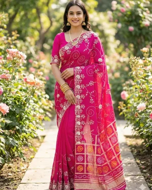 Traditional Silk Saree with All-Over Pitta Work & Elegant Scallop Edging Perfect for Functions - Pink - Vasangini