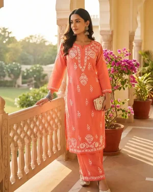 Chikankari Kurti with Plazzo - Lucknowi Rayon Kurta Co-Ord Set for Women - Coral