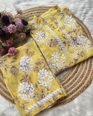 Chikankari Mulmul Kurti with Pant Lucknowi Cotton Co-ord closeup