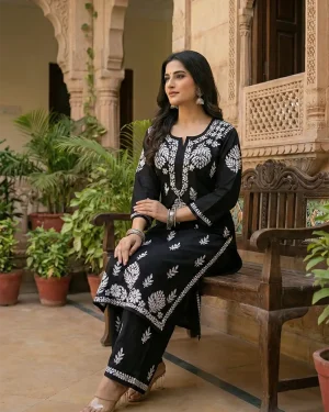 Elegant Rayon Lucknowi Chikankari Kurti Plazzo Set – Women’s Ethnic Fashion
