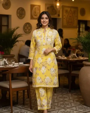 Lucknowi Chikankari Mulmul Kurti with Palazzo Set Premium Cotton Co-ord Set